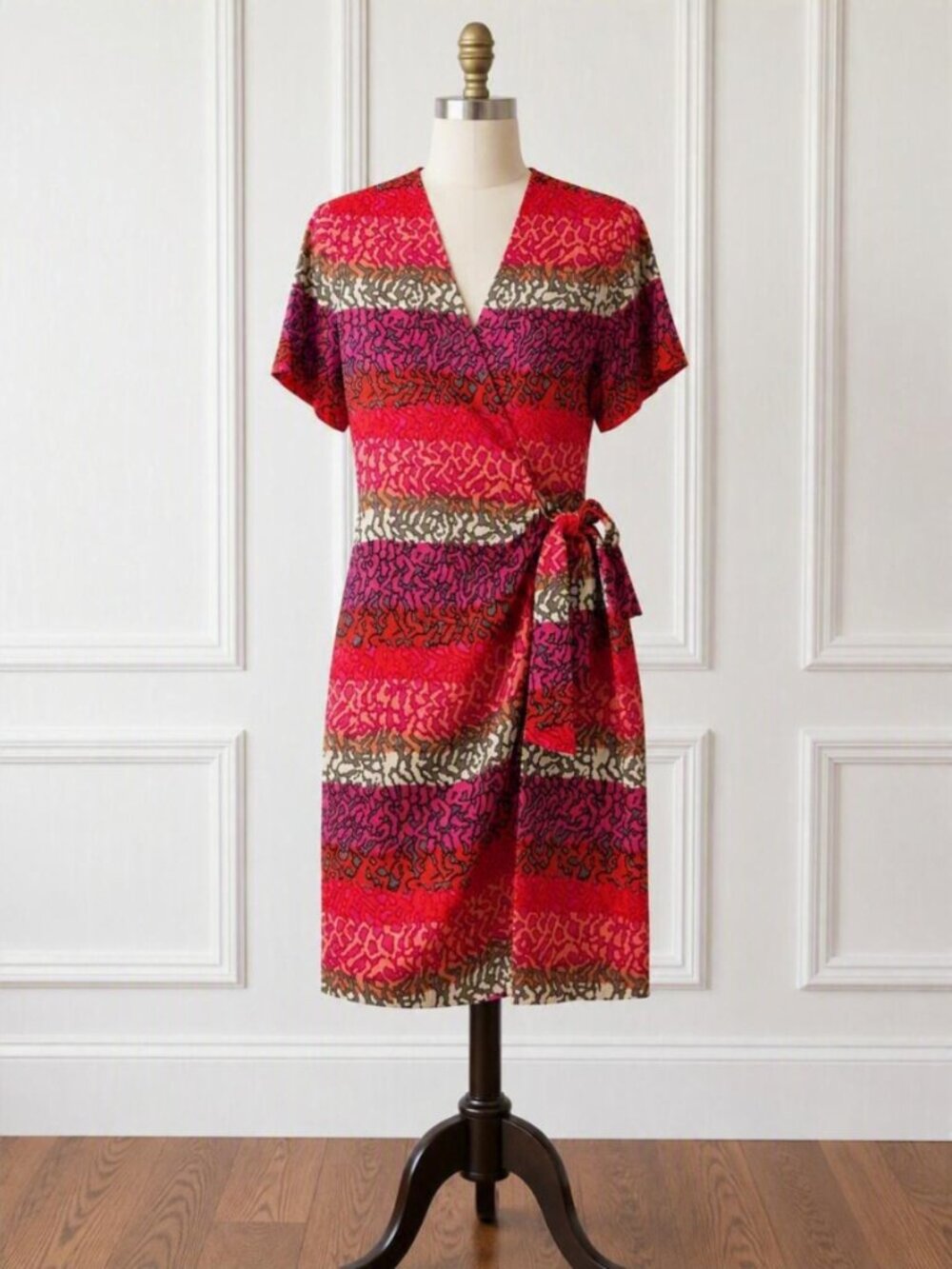 Papell 100% Silk Wrap Dress in Shades of Red, Pink, Tan, & Brown, Size 4 Petite